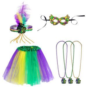 6pcs Mardi Gras Costume Set Tutu Skirt Sequins Feather Headband Masquerade🌻
